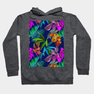 tropical floral leaves botanical garden, tropical plants,leaves and flowers, dark blue leaves pattern Hoodie